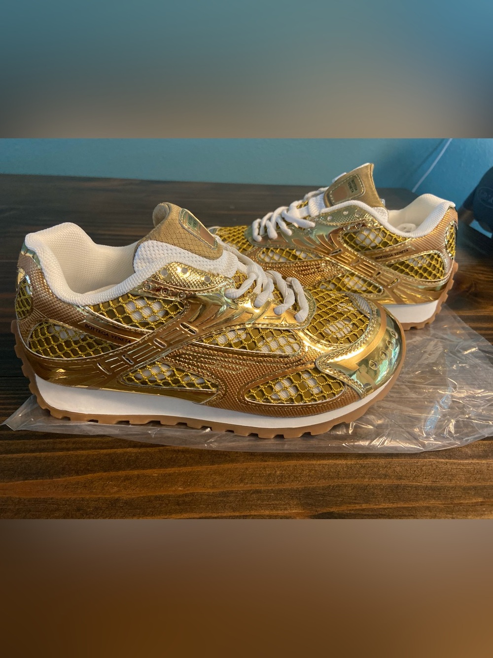 Bottega Veneta Gold and White Metallic Mesh Sneakers - Women